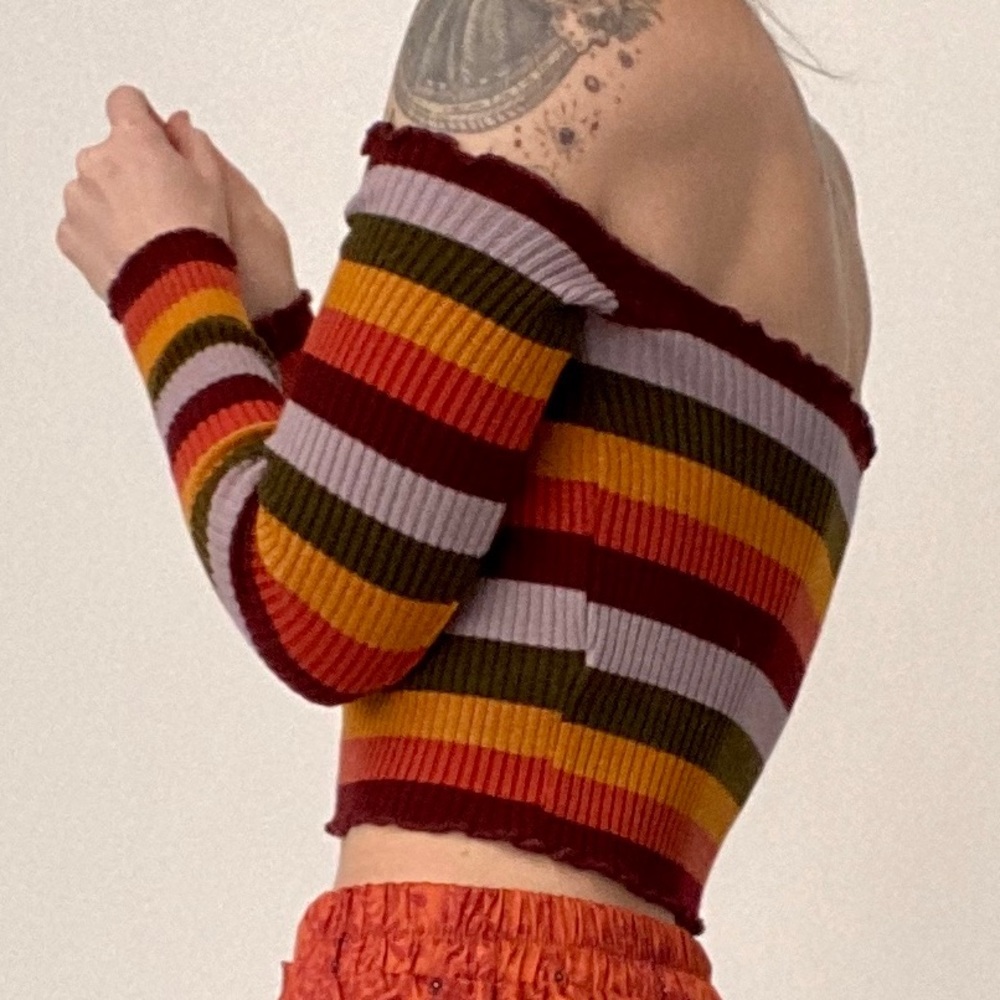 Retro stripe skit off the shoulder crop top